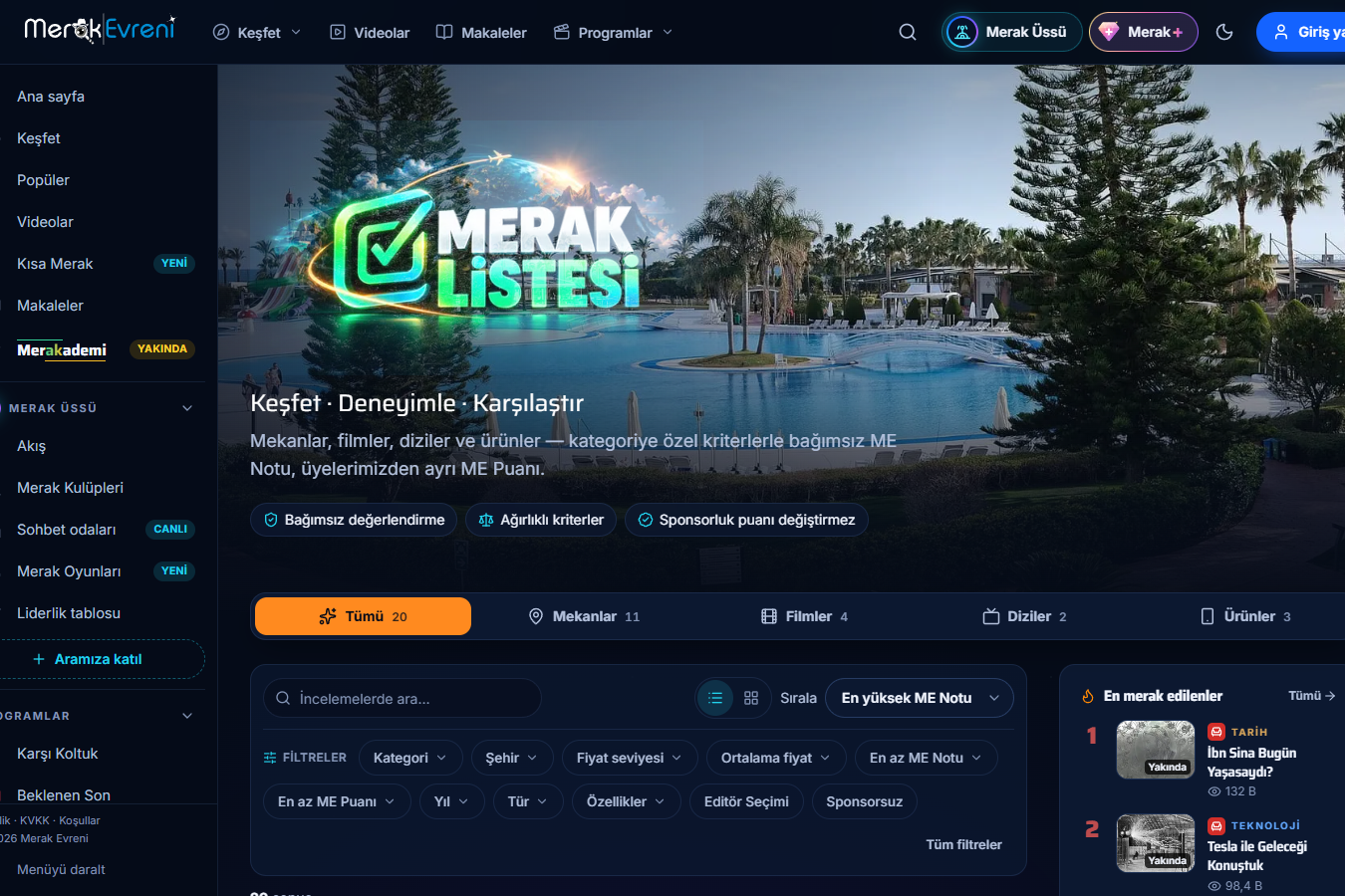 Merak Listesi sayfası